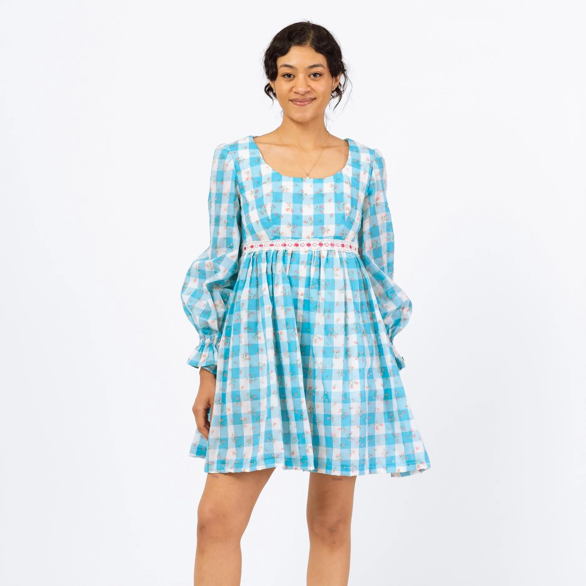 Vintage 70s Blue & White Gingham Babydoll Mini Dress - Small