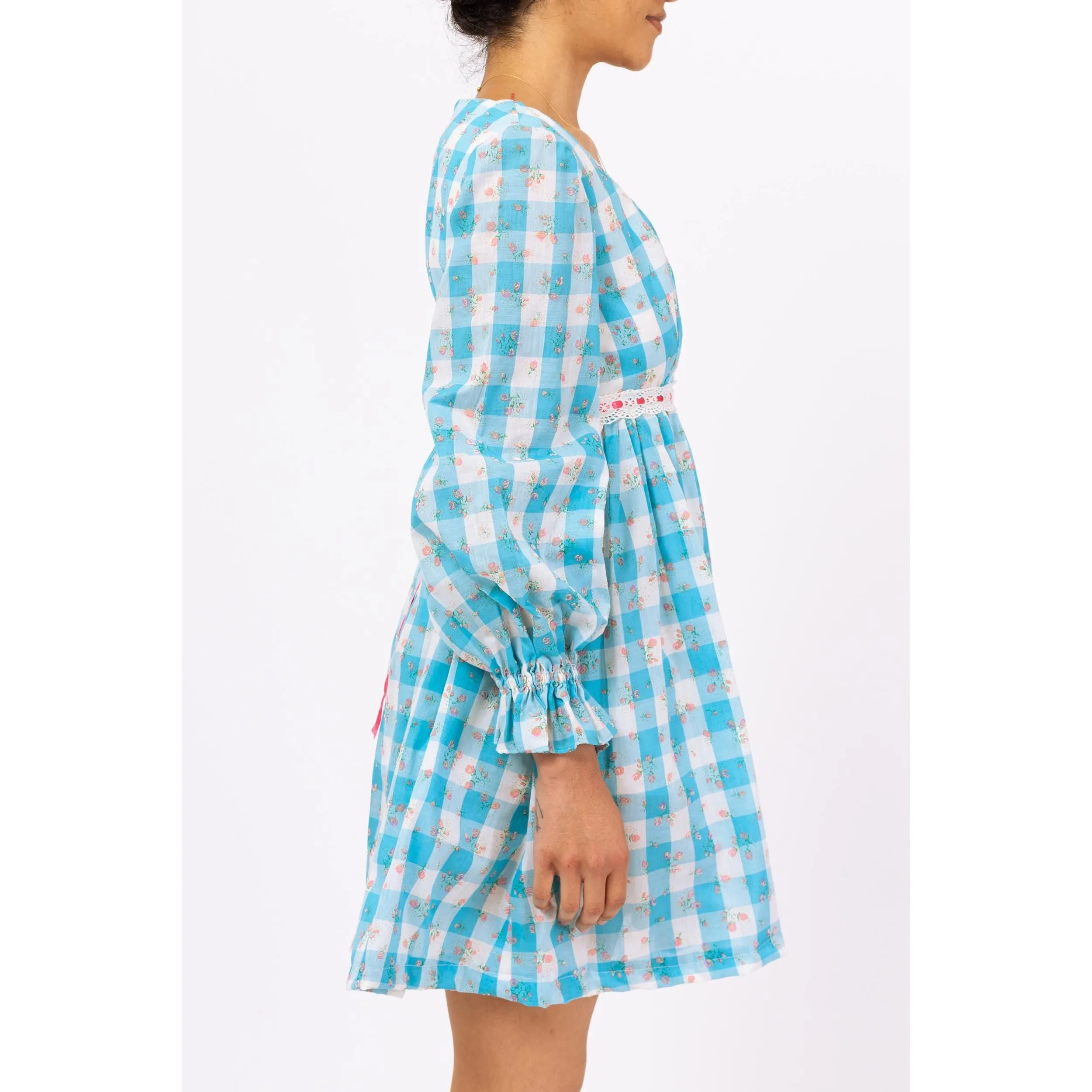 Vintage 70s Blue & White Gingham Babydoll Mini Dress - Small