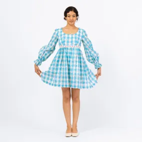 Vintage 70s Blue & White Gingham Babydoll Mini Dress - Small