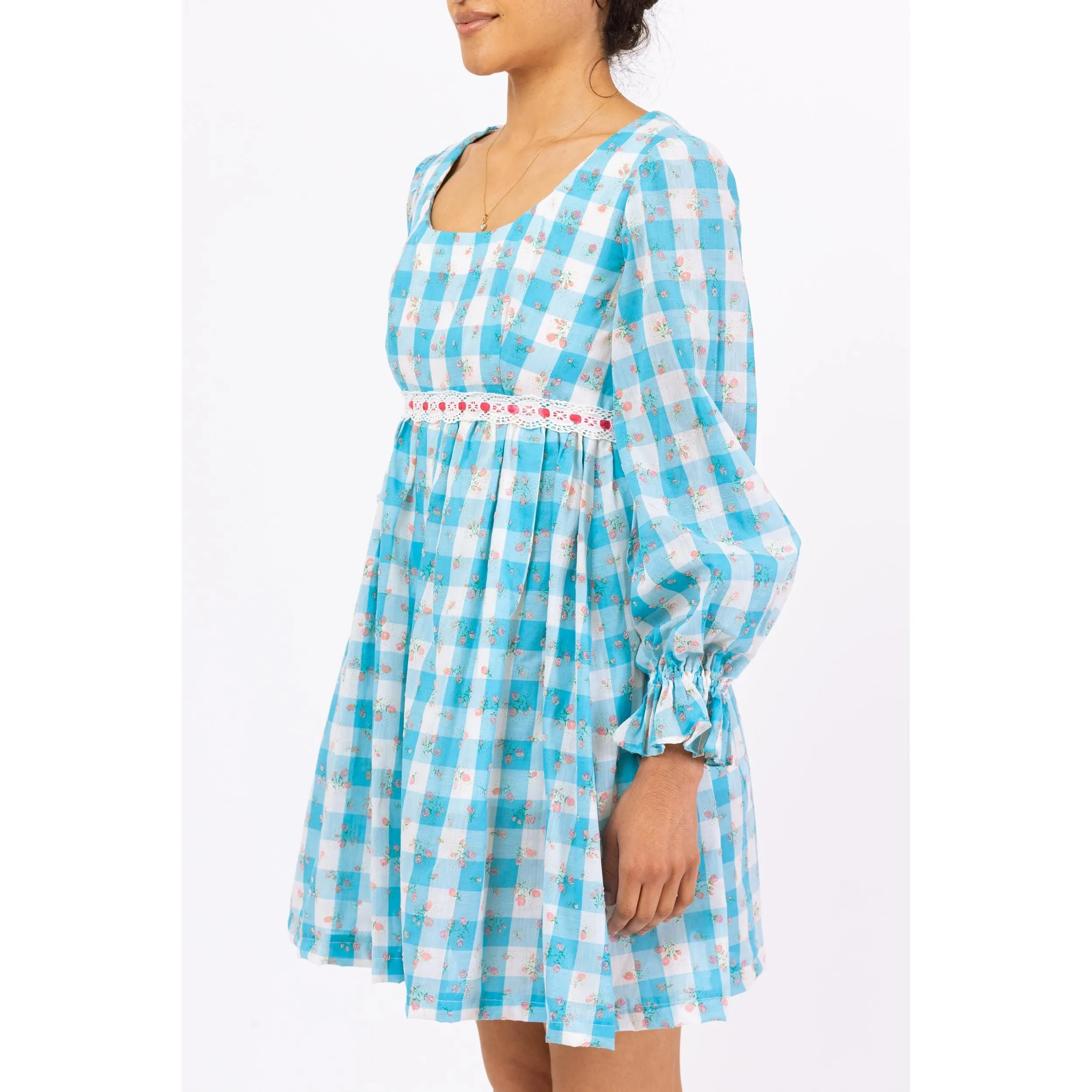 Vintage 70s Blue & White Gingham Babydoll Mini Dress - Small