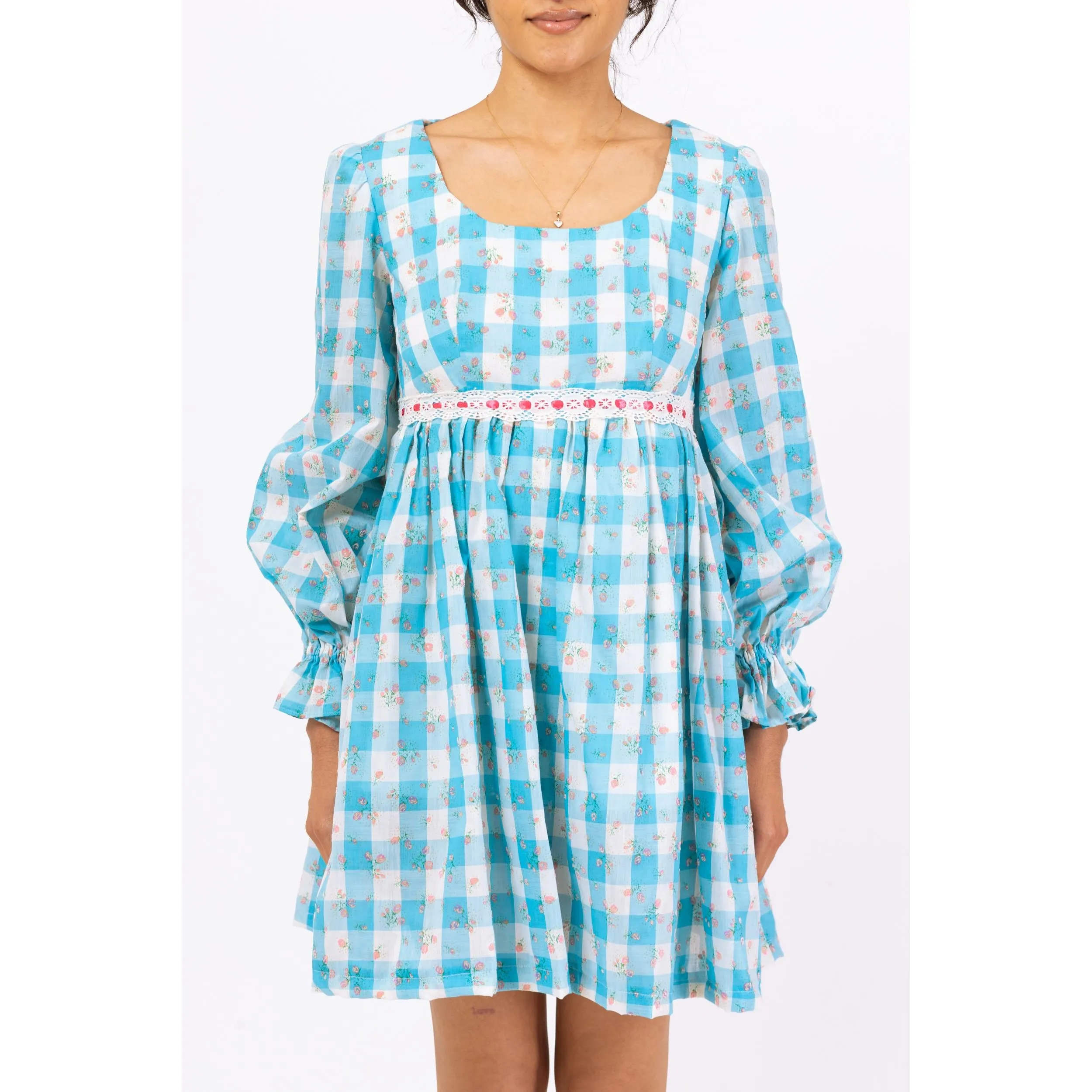 Vintage 70s Blue & White Gingham Babydoll Mini Dress - Small