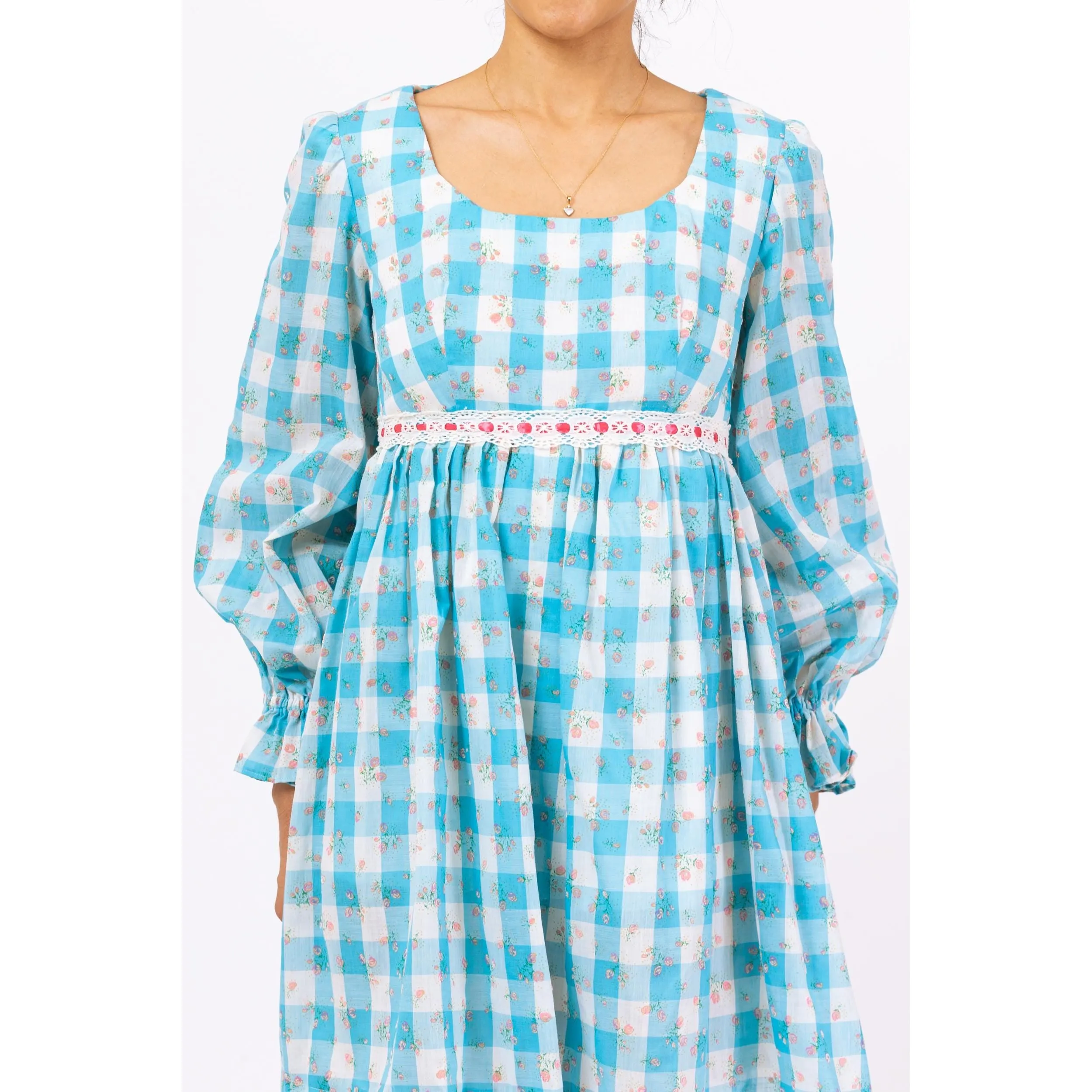 Vintage 70s Blue & White Gingham Babydoll Mini Dress - Small