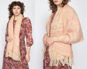 Vintage 70s Hand Knit Wool Striped Large Fringe Scarf