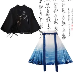 Vintage Buckle Bamboo Print Shirt Blue Pleated Skirt