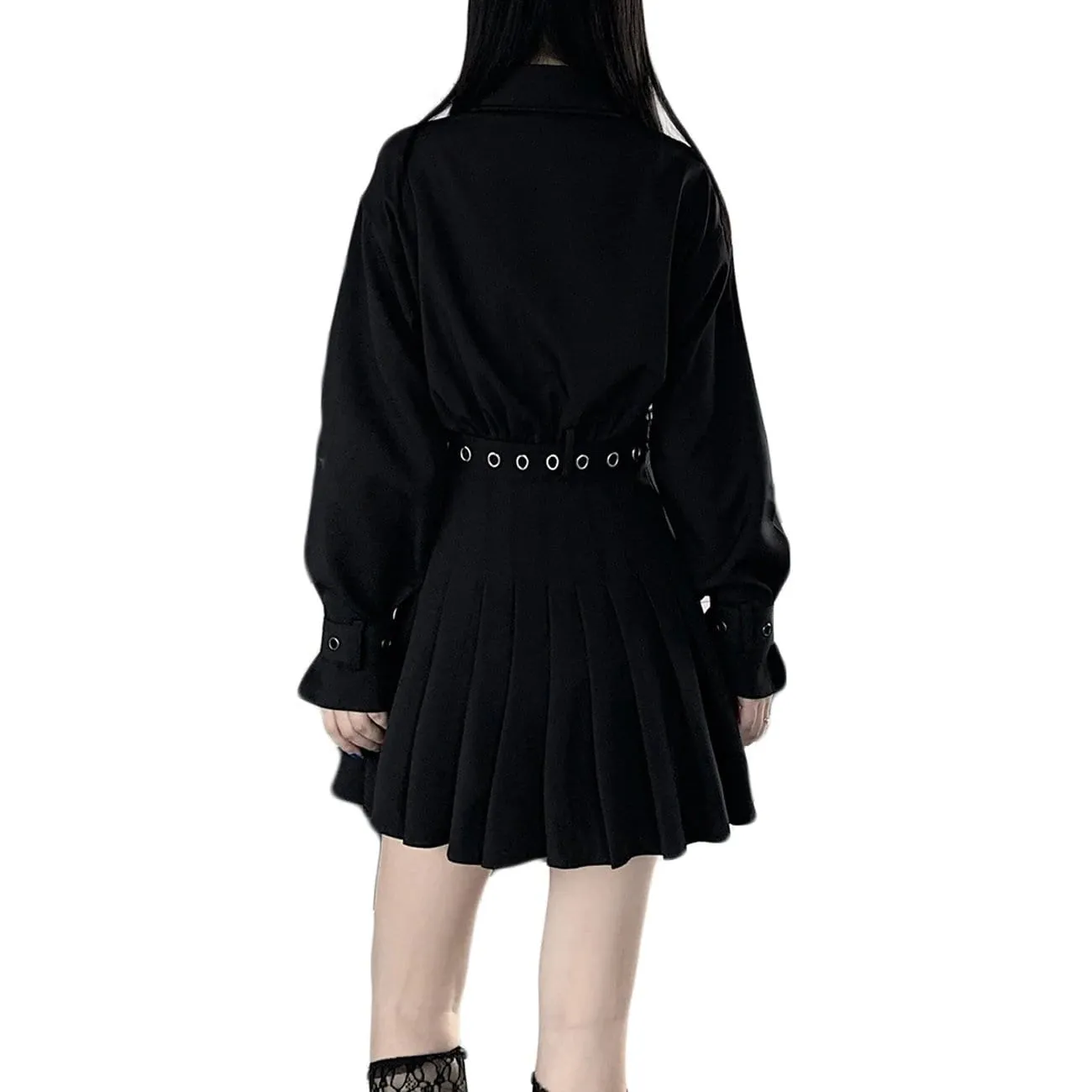 WLS Dark Techwear Personality Belt Pleated Shirt Dress