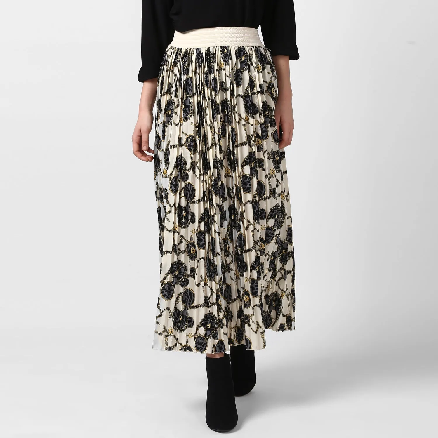 Women's Cream Chain Print Pleated Skirt - StyleStone