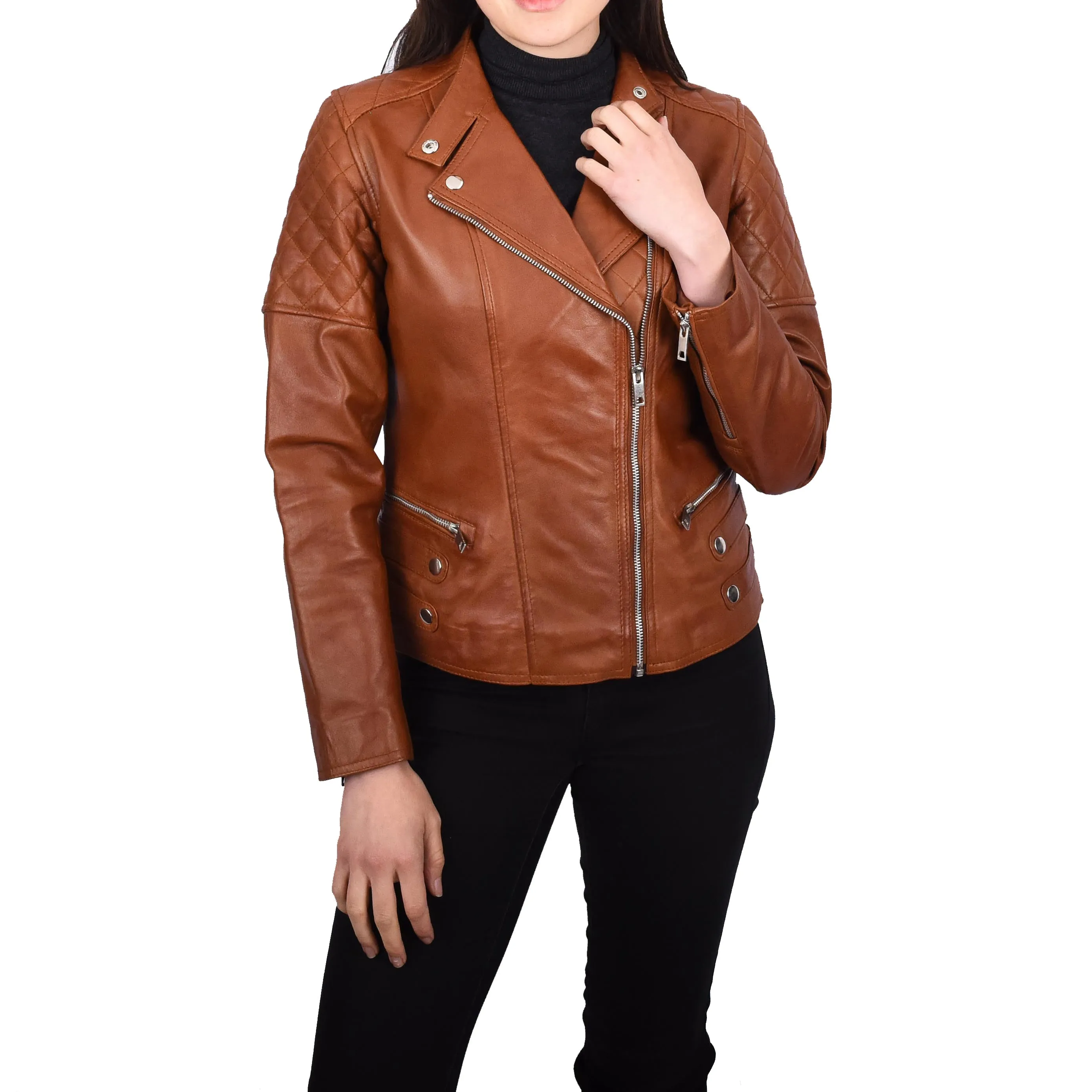 Women’s Genuine Leather Jacket Biker Style Simple Design Helene Tan