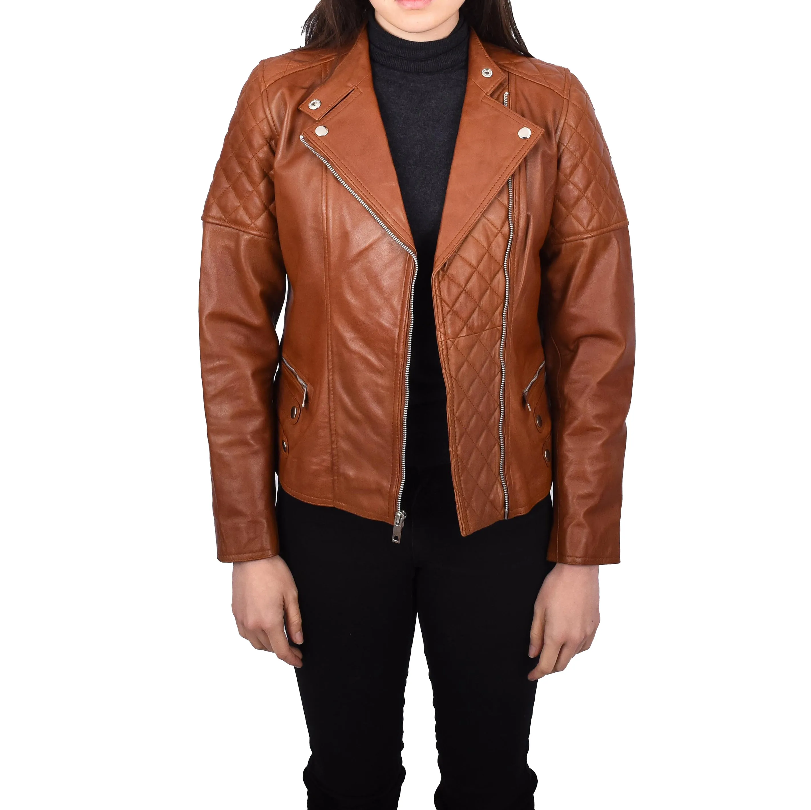 Women’s Genuine Leather Jacket Biker Style Simple Design Helene Tan
