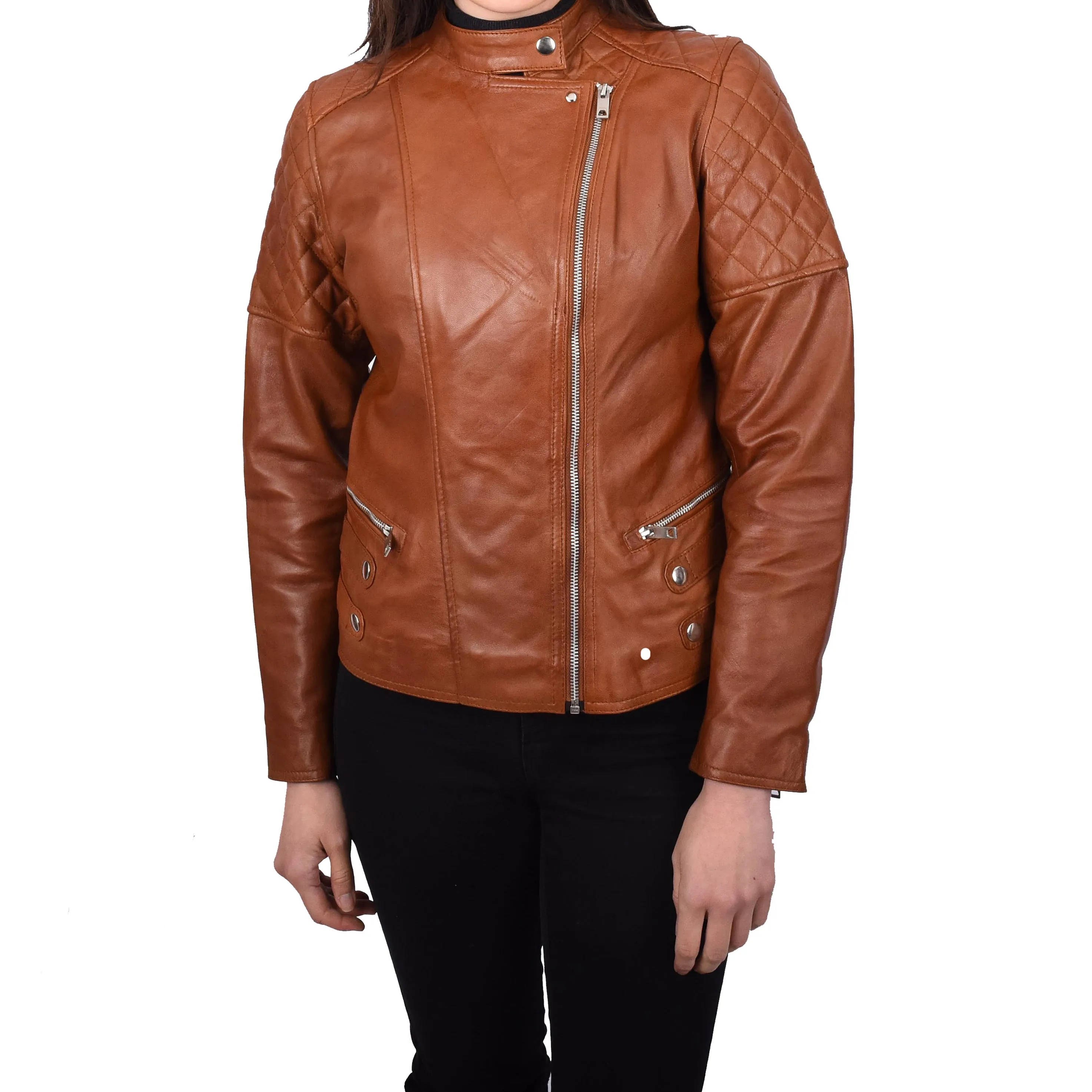 Women’s Genuine Leather Jacket Biker Style Simple Design Helene Tan