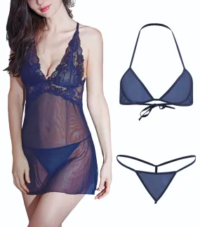 Xs and Os Combo Women Lace Cross Strap Babydoll Lingerie with Bikini Bra Panty Lingerie Set