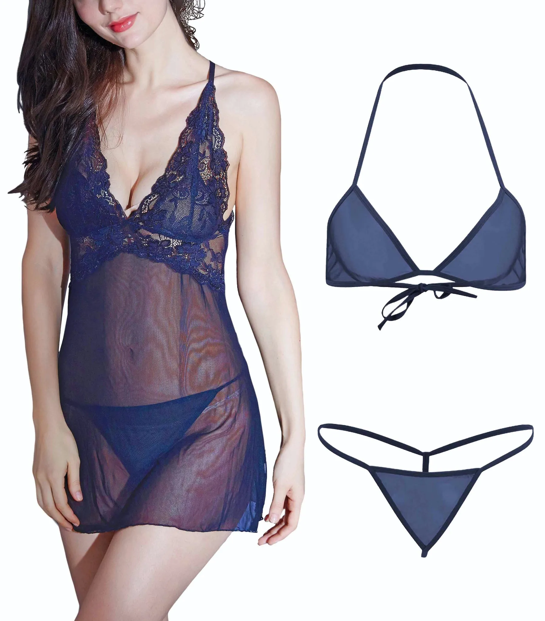 Xs and Os Combo Women Lace Cross Strap Babydoll Lingerie with Bikini Bra Panty Lingerie Set